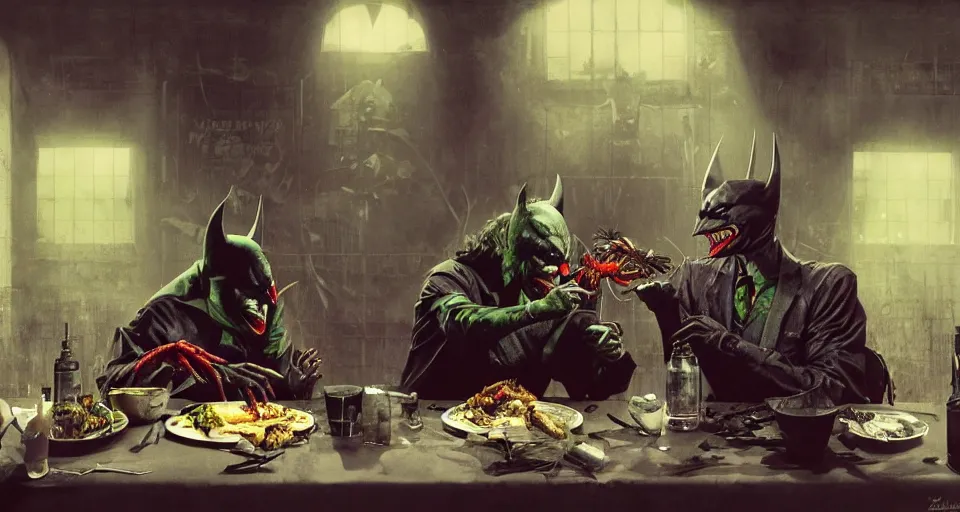 Prompt: the joker and batman sharing lobster dinner in arkham asylum, by giger, stalenhag, beksinski, retro sci - fi movie, highly detailed, photorealistic, illustration, matte painting, 8 k, hd, trending on artstation