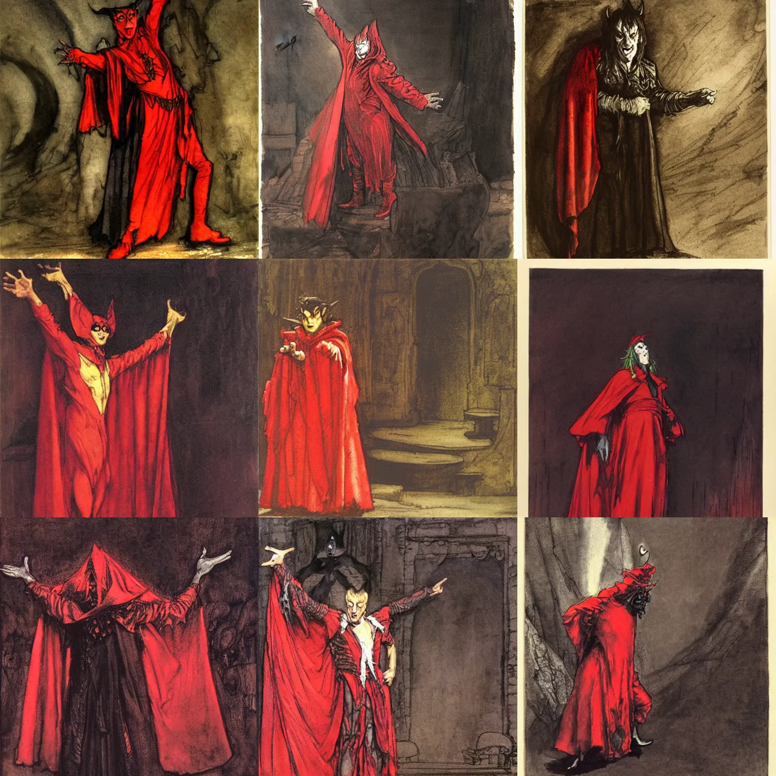 Prompt: an actore is playing in stage cunning dangerous mephisto ( in a red costume ) from faust, dark shadows, low key lighting, dark background, [ theatrical ], oil painting, character concept art by arthur rackham, greg rutkowski, gustave courbet, jan matejko and j. dickenson