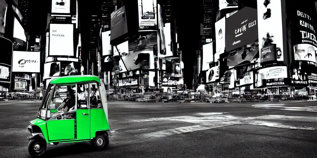 Image similar to a green tuk tuk in Times Square at night, moody, dramatic lighting, cinematic, matte painting, concept art, 4k