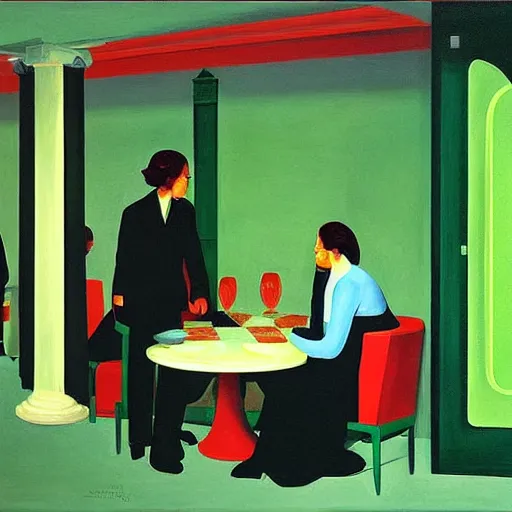 Image similar to green people at red art deco restaurant, open ceiling, highly detailed, painted by Edward Hopper, painted by James Gilleard, surrealism, airbrush