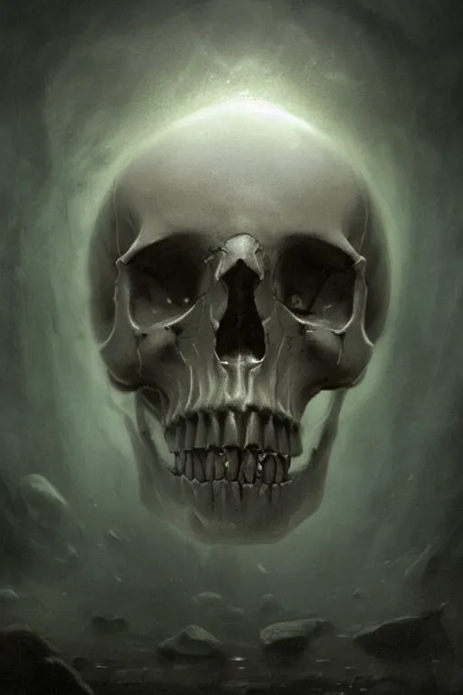 Image similar to a human skull floating in deep dark murky water!!!, underwater atmospheric moody, dark surreal mood! cinematic volumetric lights, bust portrait, dnd, fantasy, intricate, elegant, highly detailed, digital painting, artstation, concept art, smooth, sharp focus, illustration, art by artgerm and tom bagshaw and greg rutkowski and alphonse mucha