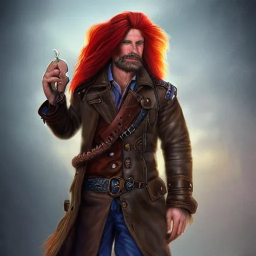 Prompt: portrait of a ruggedly handsome!!!!! male captain with long red hair!!!!!!, upper body, wavey hair, leather coat, friendly, Steampunk airship!!!!!!!, D&D, hairworks, Unreal 4, fantasy, simple clothing!!!!, elegant, highly detailed, digital painting, hairworks, deviantart, artstation, concept art, sharp focus, dramatic lighting, illustration, art by Artgerm and Greg Rutkowski and Alphonse Mucha