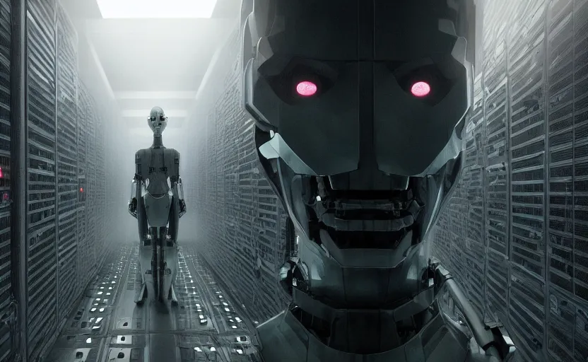 Prompt: extremely detailed cinematic movie still 3 0 7 7 foggy portrait shot of a robot in an endless data centre by denis villeneuve, wayne barlowe, simon birch, marc simonetti, philippe druillet, beeple, bright volumetric sunlight from small windows, rich moody colors