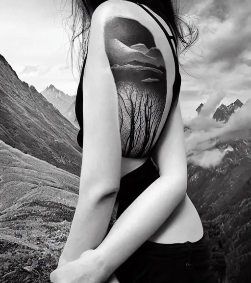 Image similar to a beautiful woman against a background of beautiful mountains and nature, realism tattoo design, in the style of den yakovlev, black and white, hyper realistic, highly detailed