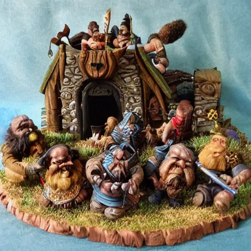 Image similar to dwarves party having good rest after work, intricate details