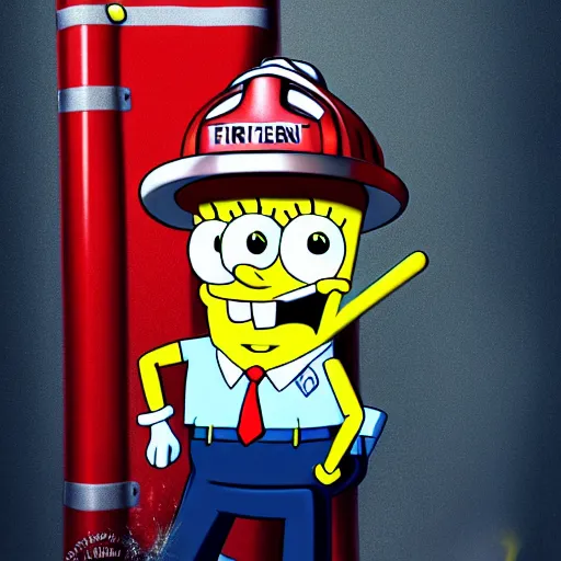 Image similar to portrait of spongebob as a firefighter, full body picture, wide angle view, cinematic, sci-fi, high definition details hyperrealistic, digital art, artstasion, deep depth of field