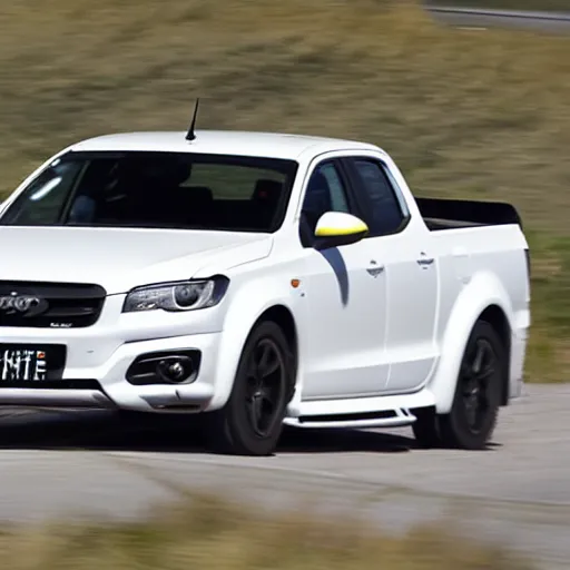 Prompt: a 2 0 1 4 fpv pursuit ute limited edition driving on a racetrack