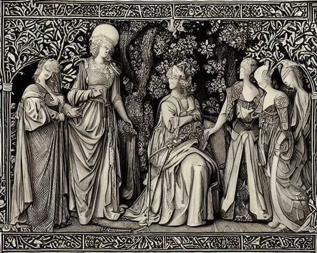 Image similar to lancelot and the four queens by william morris, monochrome,