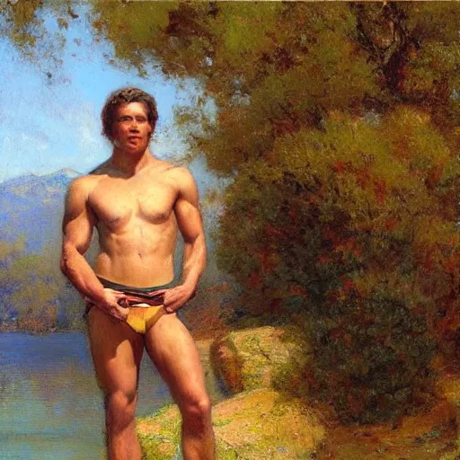 Image similar to muscular young man by the river, painting by Gaston Bussiere, Craig Mullins