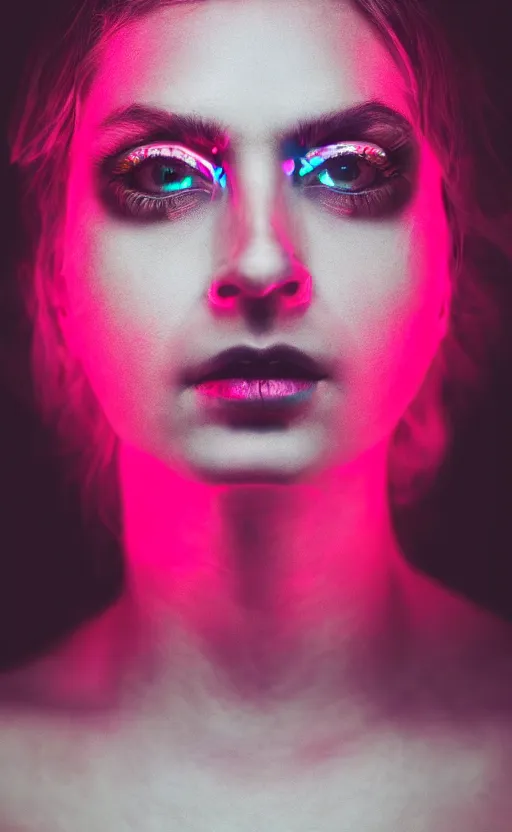 Prompt: A woman with glowing eyes, neon on black, Sony a7R IV, symmetric balance, polarizing filter, Photolab, Lightroom, 4K, Dolby Vision, Photography Award