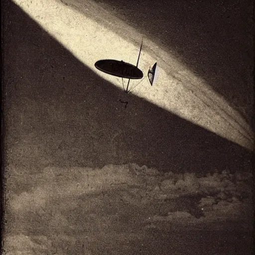 Image similar to 1800 photograph, daguerreotype, Leonardo Da Vinci's flying machine driven by a woman, High definition, volumetric light, detailed details,