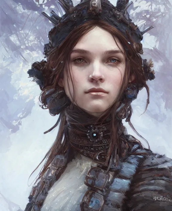 Image similar to portrait of a frostpunk warrior, half body, d & d, fantasy, intricate, elegant, highly detailed, digital painting, artstation, concept art, art by artgerm and greg rutkowski and alphonse mucha