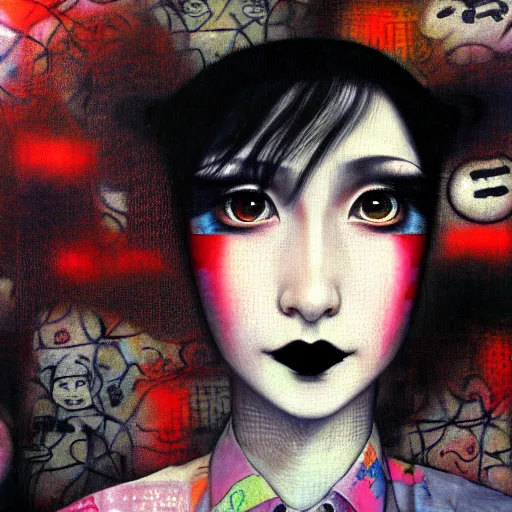 Image similar to yoshitaka amano blurred and dreamy realistic three quarter angle portrait of a young woman with black lipstick and black eyes wearing dress suit with tie, junji ito abstract patterns in the background, satoshi kon anime, noisy film grain effect, highly detailed, renaissance oil painting, weird portrait angle, blurred lost edges