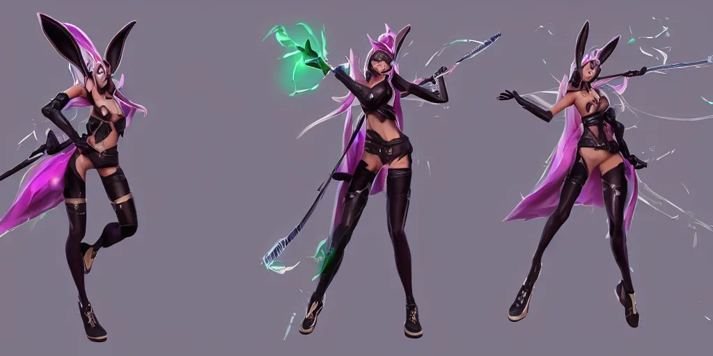 Image similar to Character sheet of Battle Bunny Akali (League of Legends) in KDA music video. 3d render, octane render, game art, realistic, highly detailed, trending on artstation, 4k, trending on artstation, pixar, cgsociety, unreal engine 5, redshift render, trending on artstation, blender, behance, cg