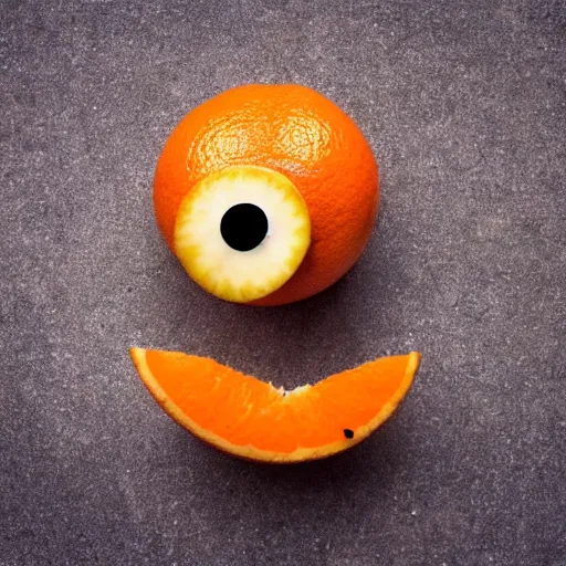 Prompt: orange fruit with human eyes and mouth