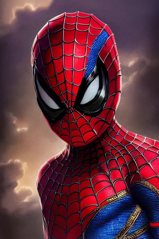 Image similar to majestic and regal portait of asian toddler spiderman, marvel, perfect face, beautiful, intricate, epic, elegant, fantasy, highly detailed, digital painting, hard focus, beautiful volumetric lighting, epic light, ultra detailed, by leesha hannigan, ross tran, thierry doizon, kai carpenter, ignacio fernandez rios