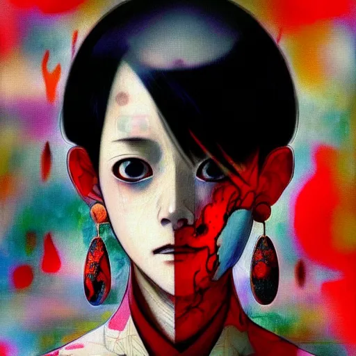 Image similar to yoshitaka amano blurred and dreamy realistic three quarter angle horror portrait of a sinister young woman with short hair, big earrings and red eyes wearing office suit with tie, junji ito abstract patterns in the background, satoshi kon anime, noisy film grain effect, highly detailed, renaissance oil painting, weird portrait angle, blurred lost edges