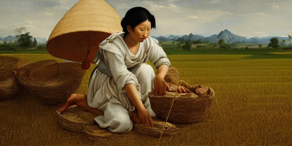 Prompt: beautiful oil matte portrait painting, vietnamese woman of an elevated rice field tending to her work, wonderful masterpiece highly detailed, beautiful cinematic light deep focus, elegant, digital painting, smooth, sharp focus, golden ratio, dramatic illumination, ultra realistic, 8 k, art by artemisia lomi gentileschi and caravaggio