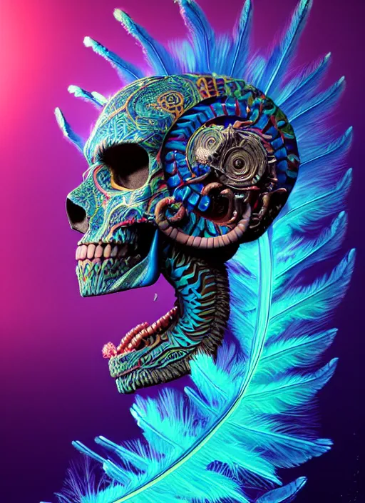 Image similar to 3 d shaman with tattoos profile portrait, sigma 5 0 0 mm f / 5. beautiful intricate highly detailed quetzalcoatl skull and feathers. bioluminescent, plasma, frost, water, wind, creature, gradient background, thunderstorm! artwork by tooth wu and wlop and beeple and greg rutkowski, 8 k trending on artstation,