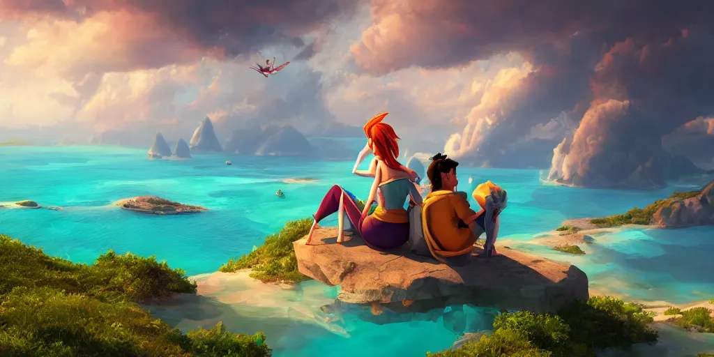 Image similar to a beautiful couple sitting on a cloud above emerald lagoon of Sint-Marteen, mattepainting concept Blizzard pixar maya engine on stylized background global illumination lighting artstation in the style of The Road to El Dorado