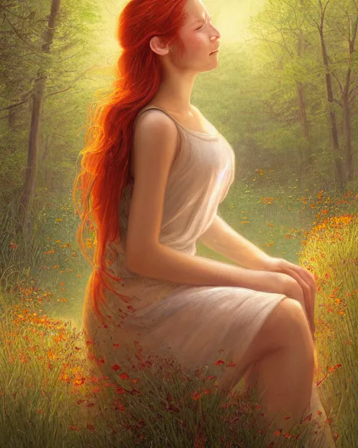 Image similar to a young woman, smiling, amazed by the lights of golden fireflies, sitting in the midst of nature fully covered, long loose red hair, intricate linework, dreamy green eyes, small nose with freckles, oval shape face, realistic, expressive emotions, dramatic lights, spiritual scene, hyper realistic ultrafine digital art by james jean and albert bierstadt