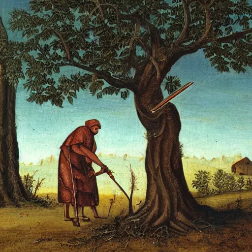 Prompt: a painting of two medieval peasants cutting down a tree