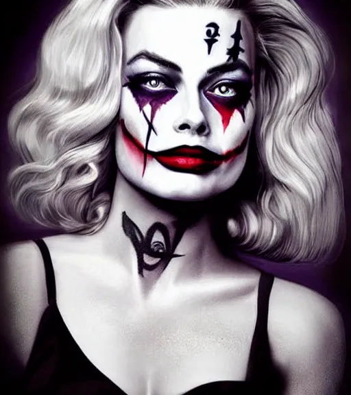 Image similar to tattoo design sketch of beautiful margot robbie portrait with joker makeup, in the style of den yakovlev, realistic face, black and white, realism tattoo, hyper realistic, highly detailed