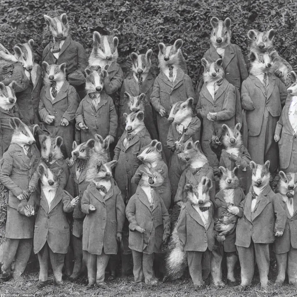 Prompt: a group of badgers in 1 9 4 0 s suits, standing upright like people, anthropomorphic, style of beatrix potter, rendered as a highly detailed photograph