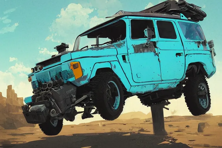 Image similar to digital illustration of a futuristic faded cyan mad max's fj 4 0 decrepit!!!! pursuit special, rusty!!! cyberpunk nissan fj cruiser heavily modded 1 9 9 0 s, the last v 8 interceptor by makoto shinkai, ilya kuvshinov, lois van baarle, rossdraws, basquiat