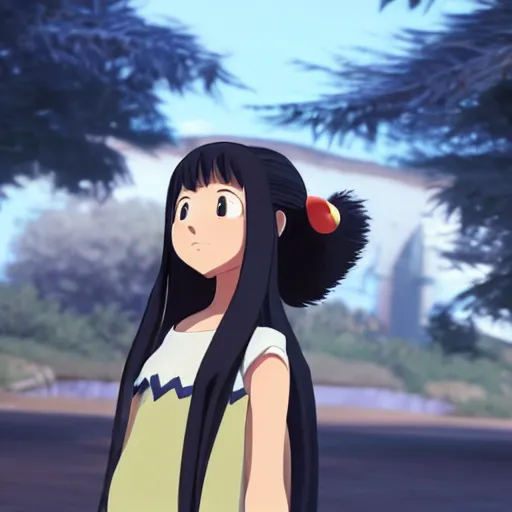 Image similar to a wholesome animation key shot of a girl with long dark blue hair and a raccoon tail, medium shot, studio ghibli, pixar and disney animation, sharp, rendered in unreal engine 5, anime key art by clamp, bloom, dramatic lighting