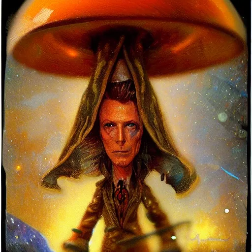 Image similar to magic mushroom, david bowie, nendroid, gaston bussiere style