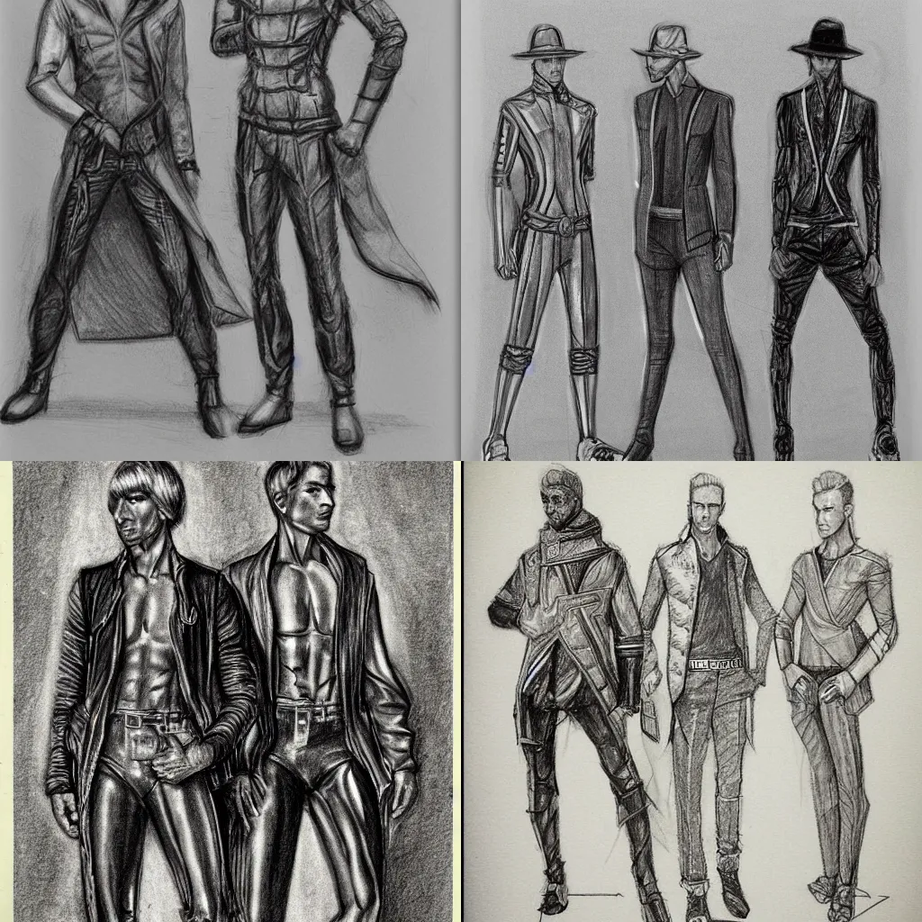 Prompt: pencil sketch of men\'s fashion in the year 2300, highly detailed