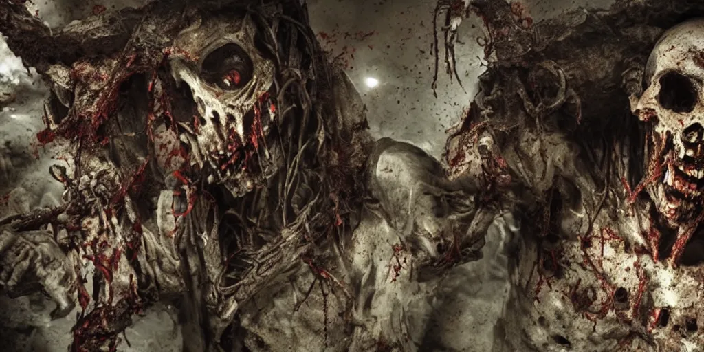 Image similar to A rotted zombie cowboy in a dark tomb, hyper detailed, in a movie directed by Sam Rami , cinematic