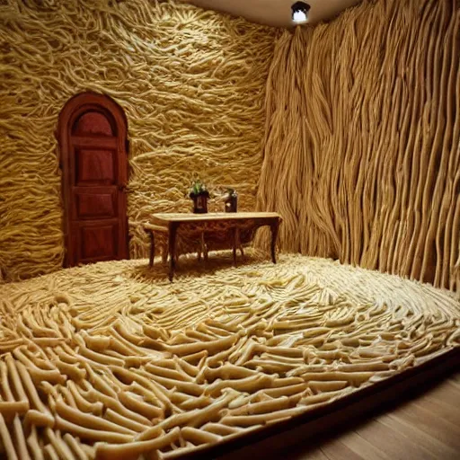 Image similar to a room made entirely of pasta, very detailed