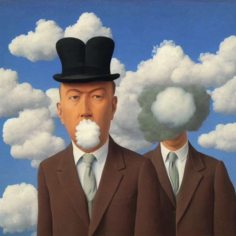 Image similar to portrait of a man whos head is a cloud, by rene magritte, detailed painting, hd, hq, high resolution, high detail, 4 k, 8 k