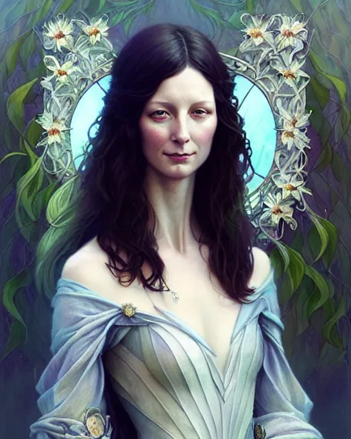 Image similar to beautiful and playful ethereal caitriona balfe portrait, art nouveau, fantasy, intricate flower designs, elegant, highly detailed, sharp focus, art by artgerm and greg rutkowski and wlop