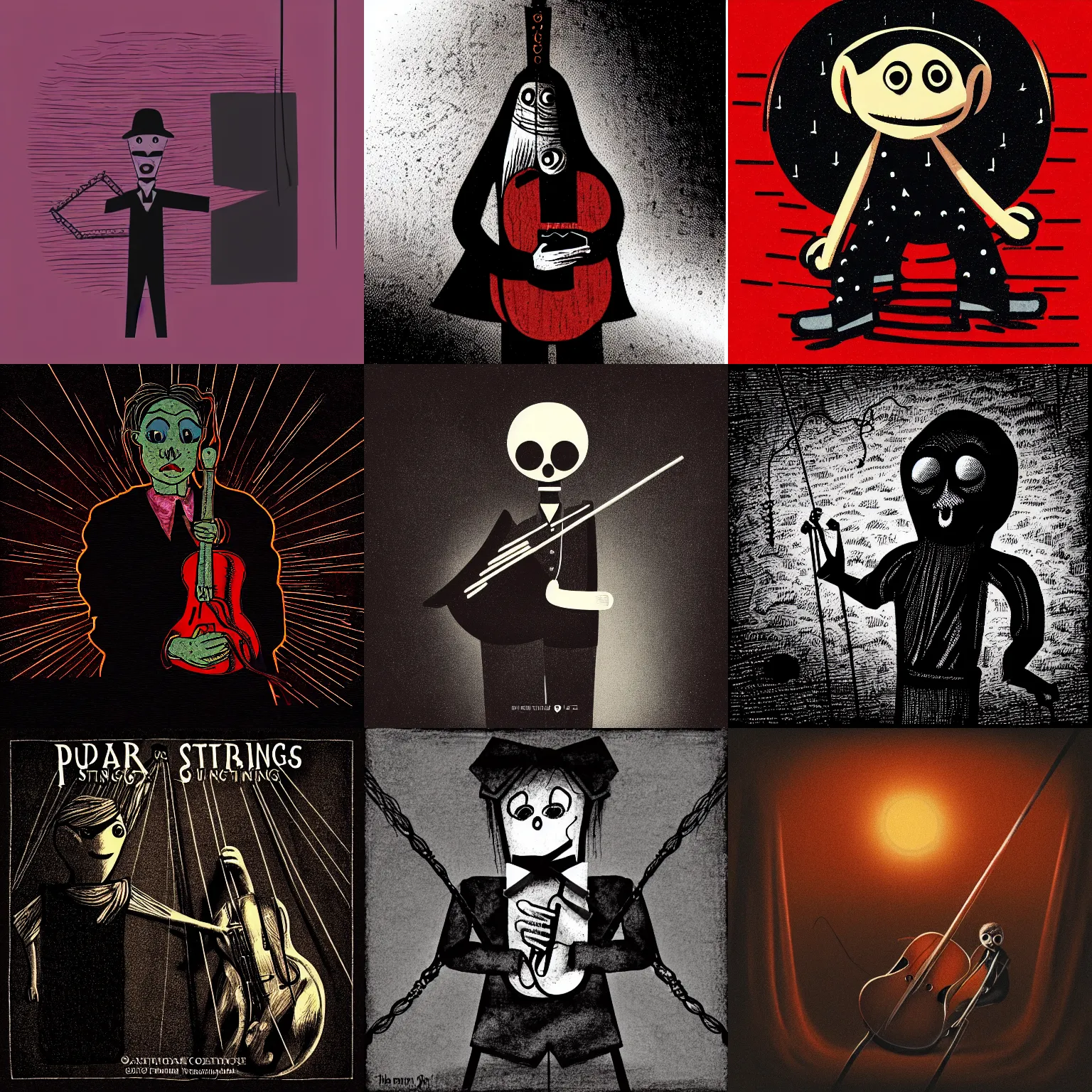 Prompt: Illustration of a puppet on strings, very dark ambiance, album cover