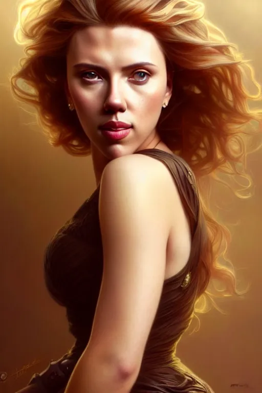 Image similar to portrait of scarlett johansson, long hair, fantasy, elegant, intricate, full frontal shot, highly detailed, digital painting, artstation, concept art, sharp focus, illustration, art by artgerm and greg rutkowski and alphonse mucha