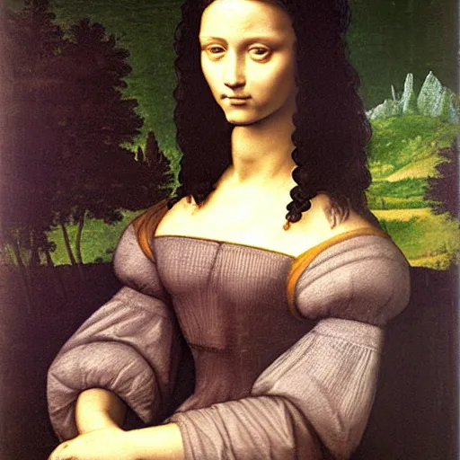 Image similar to young woman from the year 1 5 0 0, seated in front of a landscape background, her black hair is fine curly, she wears a dark green dress pleated in the front with yellow sleeves, puts her right hand on her left hand and smiles slightly, oil painting in style of leonardo da vinci