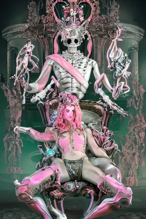 Image similar to full-body rococo and cyberpunk style neon statue of a young attractive portugues macho dotado e rico android sim roupa reclining con piroca dura, glowing white laser eyes, prince crown of pink gears, diamonds, swirling silver-colored silk fabric. futuristic elements. full-length view. space robots. human skulls. intricate artwork by caravaggio. Trending on artstation, octane render, cinematic lighting from the right, hyper realism, octane render, 8k, depth of field, 3D