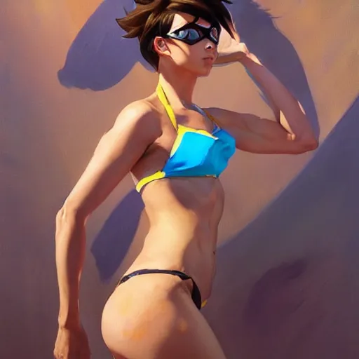 Image similar to greg manchess splashart painting of overwatch's tracer in a bikini, medium shot, asymmetrical, organic painting, sunny day, matte painting, bold shapes, hard edges, street art, trending on artstation, by huang guangjian and gil elvgren and sachin teng