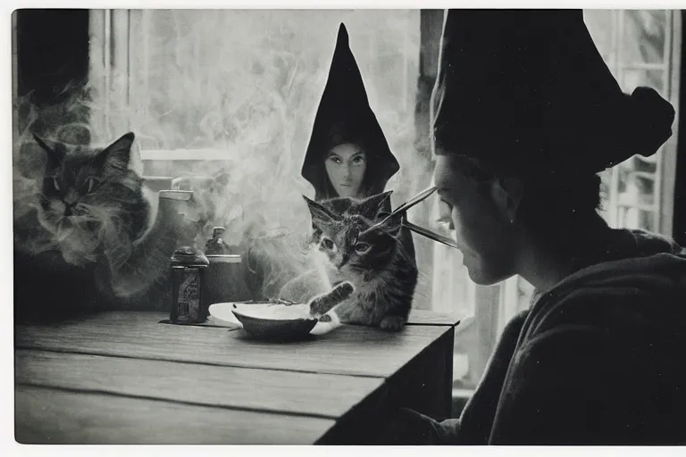 Image similar to polaroid 1 9 8 0's photo, close up portrait, dramatic lighting, concentration, calm confident teen witch and her cat mixing a spell in a cauldron, a little smoke fills the air, a witch hat and cape, a little green smoke is coming out of the cauldron, ingredients on the table, apothecary shelves in the background, still from harry potter