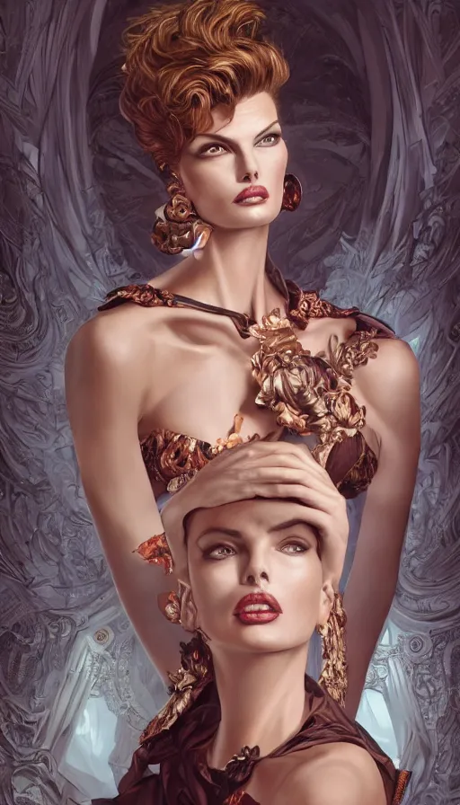 Prompt: linda evangelista, bold, passionate, seductive, expressive, charismatic, very sweaty, intricate fashion clothing, insane, intricate, highly detailed, digital painting, artstation, concept art, surrealistic, smooth, sharp focus, illustration, unreal engine 5, 8 k, art by artgerm and greg rutkowski and alphonse mucha