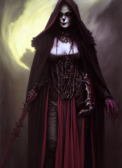 Image similar to female goth necromancer, robes, full body, hyper realistic, extremely detailed, dnd character art portrait, dark fantasy art, intricate fantasy painting, dramatic lighting, vivid colors, deviantart, artstation, by edgar maxence and caravaggio and michael whelan and delacroix.