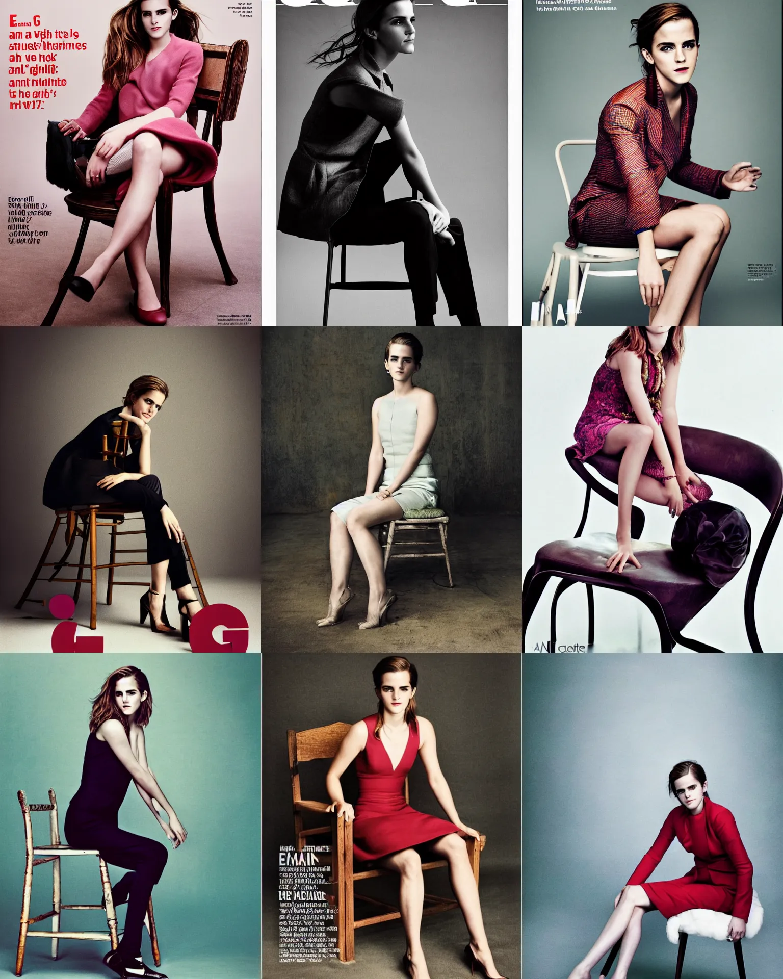 Prompt: photo taken by Annie Leibovitz for GQ magazine, Emma Watson sitting in chair, full length shot, soft studio lighting, colorful, award-winning photograph, 24mm f/1.4