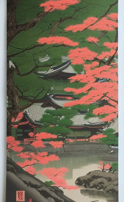 Image similar to japanese inspired poster, beautiful japanese architecture and nature, oil on canvas, japanese art beautiful aesthetic