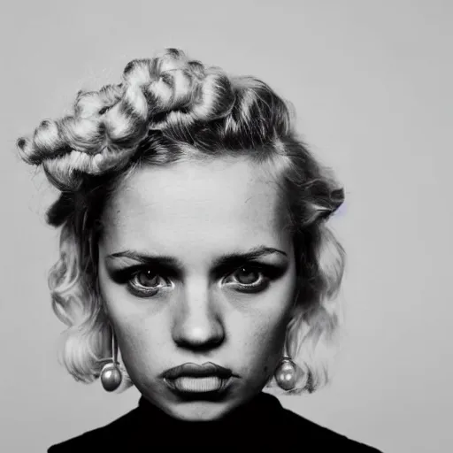 Image similar to symmetrical human portrait of lisa simpson with blonde curly hair, grainy high contrast black and white photography photo print ilford warm tone, she is wearing a delicate pearl necklace