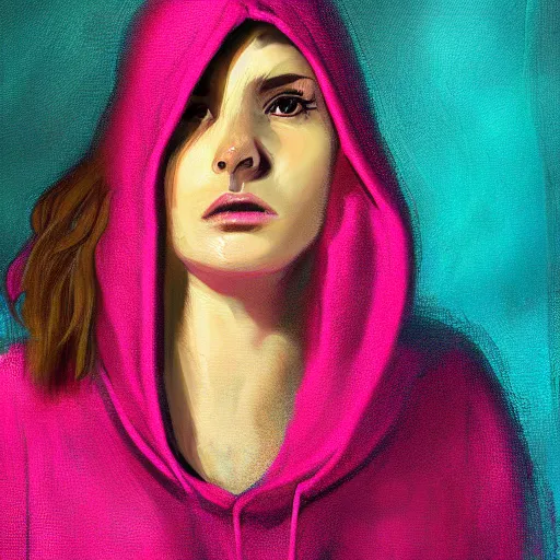 Image similar to highly detailed digital romantic painted portrait of a beautiful woman wearing a hoodie. moody and melanchony. sharp lighting. has a bit of cyan and pink.