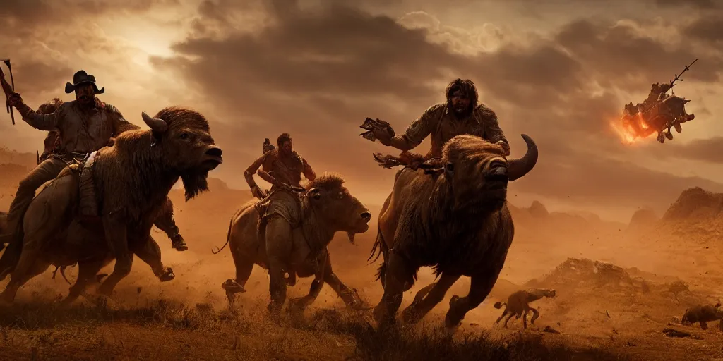 Prompt: indian on ancient atv attacking bisons, action scene, an epic western, dramatic lighting, cinematic, establishing shot, extremely high detail, photorealistic, cinematic lighting, artstation, octane render, old photo, buffalo hunt movie, alpha movie, western