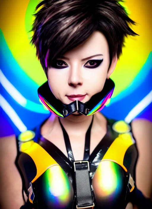 Prompt: hyperrealistic style portrait of tracer overwatch, confident pose, wearing black iridescent rainbow latex, 4 k, expressive happy smug expression, makeup, in style of mark arian, wearing detailed black leather collar, wearing sleek armor, black leather harness, expressive detailed face and eyes,